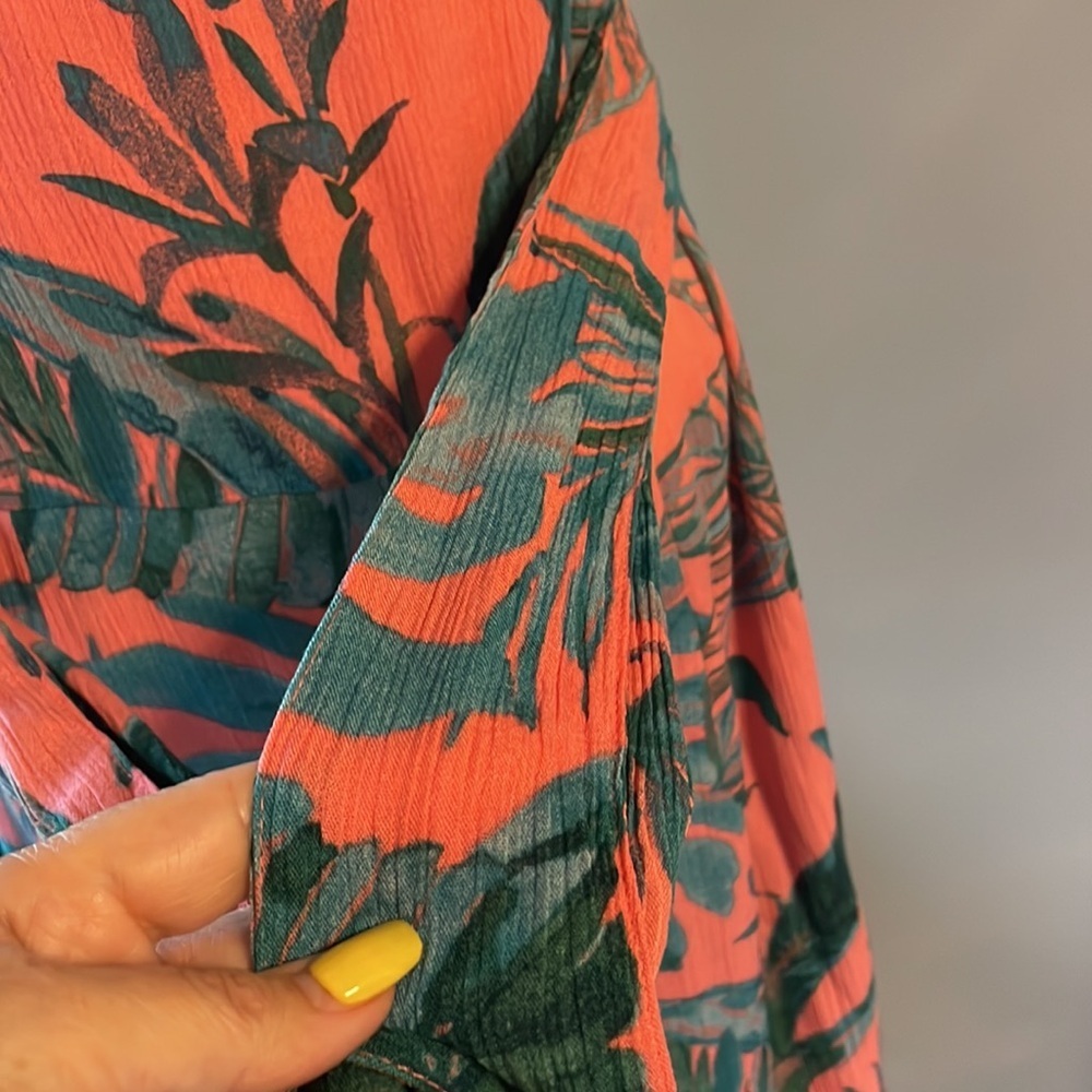 Cynthia Rowley tropical leaf gauze sundress attached wide tie belt relaxed fit 6 - Picture 6 of 13